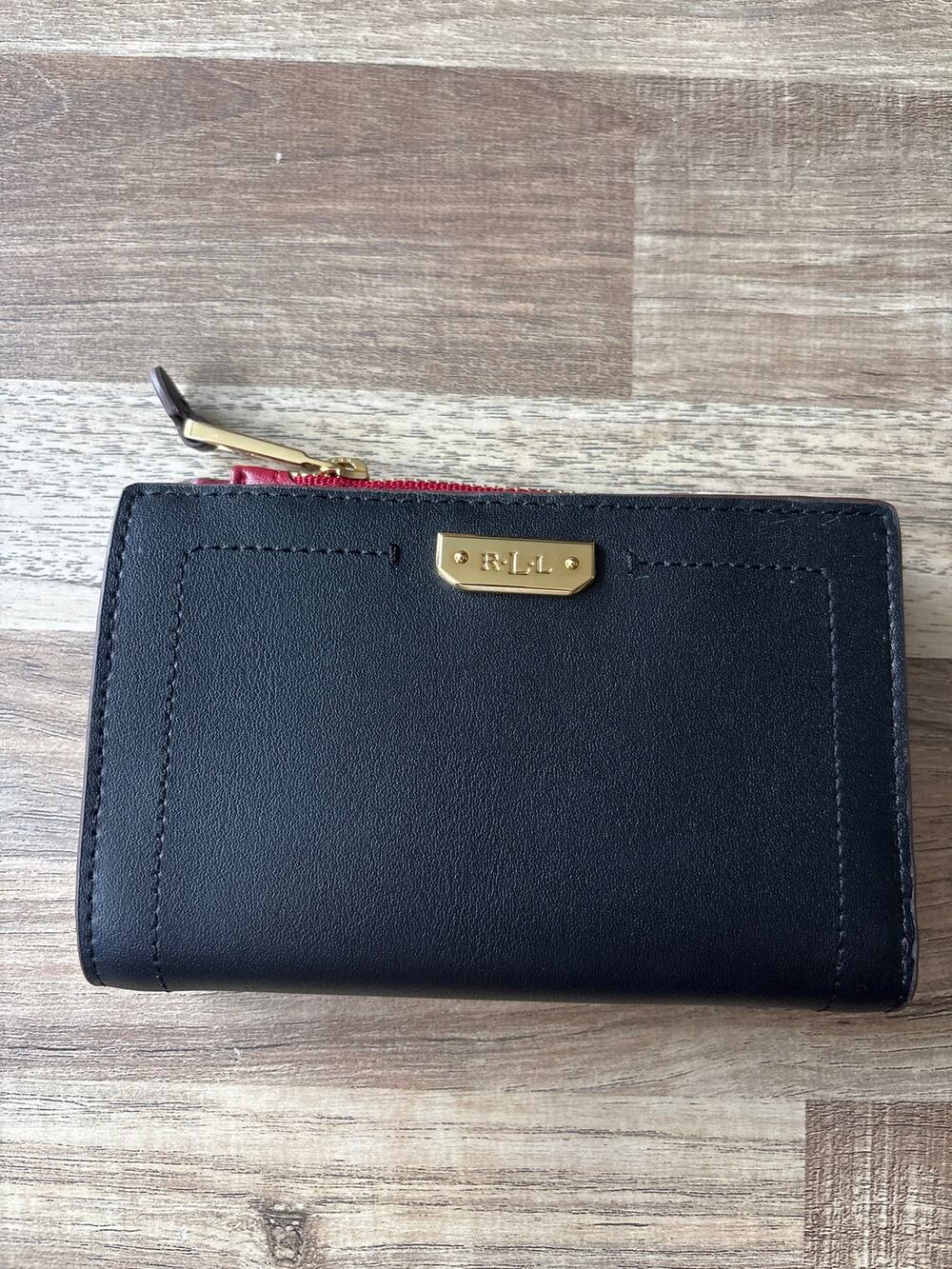 Lauren Ralph Lauren Leather Dryden Compact Wallet in Black/ Crimson